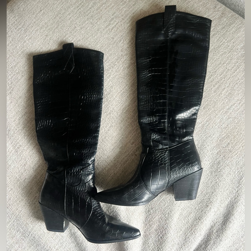 Black Croc-Embossed Knee-High Boots